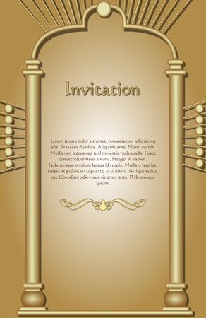 Invitation template in gold design, the frame represented as a 3d golden gate, golden gradient background, sample text, golden embossed divider under textのイラスト素材