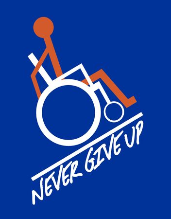 Wheelchair symbol, orange figure in white wheelchair on dark blue background, go to the goal - motivation textのイラスト素材