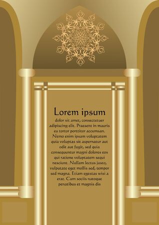 Elegant original leaflet template in gold design composed as golden gate, luxurious design for invitation, 3d effect, filigree rosette decorationのイラスト素材