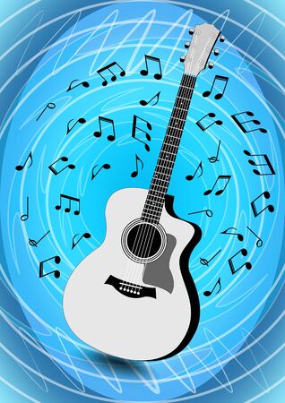 Musical flyer with monochrome guitar on light blue abstract circle and doodle patterned background and musical notes flying around instrumentのイラスト素材
