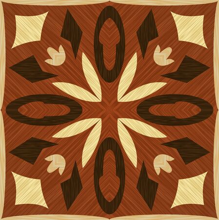 Symmetric geometric wooden inlay, light and dark wooden patterns. Veneer textured geometric ornament. Wooden art decoration template. Vector design.のイラスト素材
