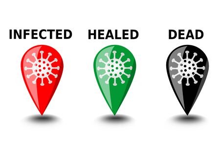 Coronavirus covid-19 infographic icons, the location and status of the pandemic, red icon for infected, green icon for healed, black icon for deadのイラスト素材