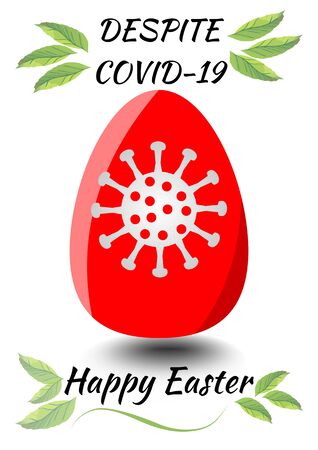 Happy easter despite covid-19, optimistic easter greeting with painted egg with coronavirus symbol, red egg with coronavirus silhouetteのイラスト素材