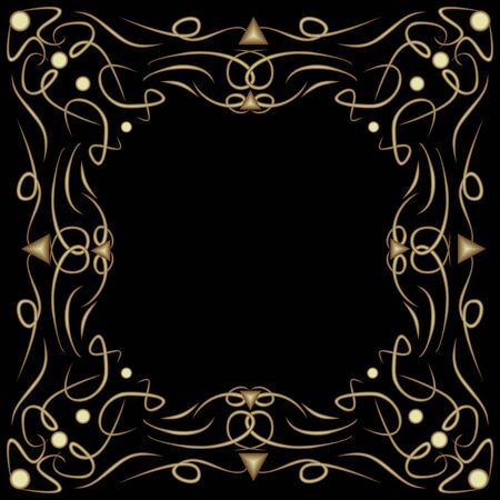 Art deco frame with embossed patterns on black background, filigree decorative border, vintage decoration with curly curves, blank area for own text, vector designのイラスト素材