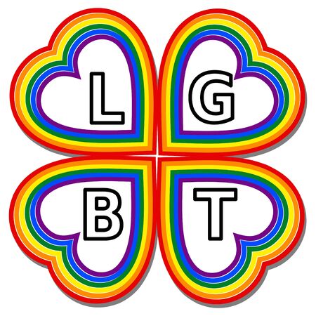 LGBT emblem composed as cloverleaf, leaves as rainbow hearts, letters LGBT insidce leaves. Lesbian, gay, bisexual, and transgender movement.のイラスト素材