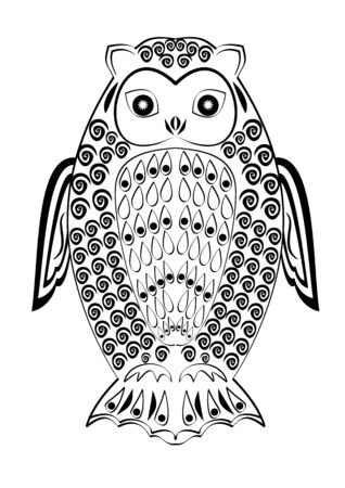 Monochrome tribal owl tatoo, symmetric owl figure, black and white drawing, wisdom symbol,vector templateのイラスト素材