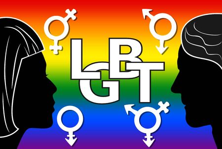 LGBT movement banner, d, white letters LGBT inside heart. Lesbian, gay, bisexual, and transgender sex symbols. Woman and man face silhouetteのイラスト素材