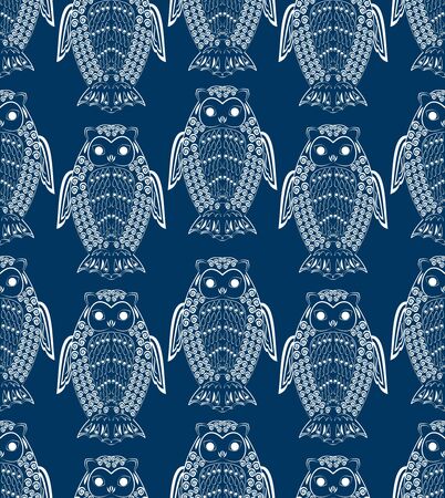 Cute owls, white drawing on dark blue night background, seamless patterns, textile design, wrapping paper, fabric ornamentのイラスト素材