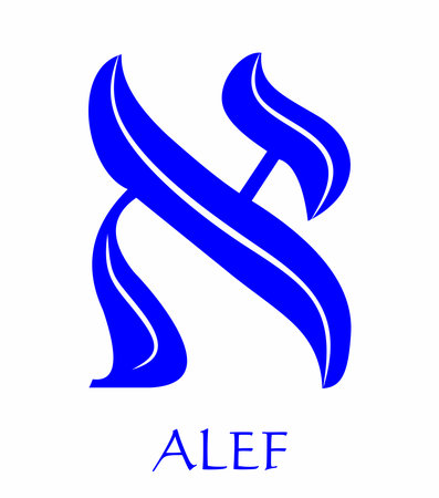 Hebrew alphabet - letter alef, gematria bulls head symbol, numeric value 1, blue font decorated with white wavy line, the national colors of Israelのイラスト素材