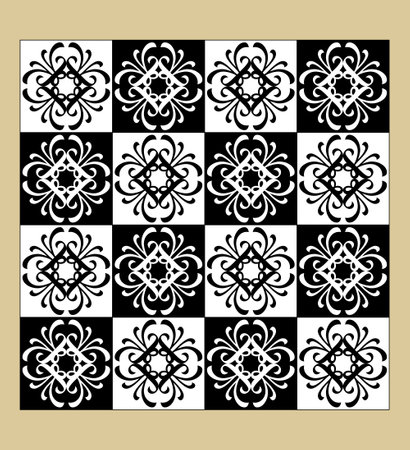Black and white vintage pattern, fine geometric motifs, checkerboard design, inverted colors, tileable ornamentのイラスト素材