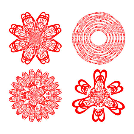 Set of four decorative doodle patterns in red color, circural vintage ornament. Textile ornament elements, wrapping paper print, color is easy to change.のイラスト素材