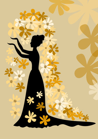 Black silhouette of lady with bun in gown with siding. Lady with her arms folded against on golden background is surrounded by simple flowers in different shades of gold. Victorian vintage themeのイラスト素材
