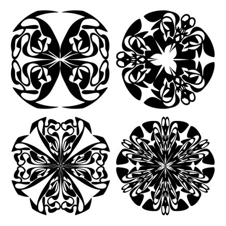 Set of four decorative doodle patterns in monochrome design, circural vintage ornament. Textile ornament elements, wrapping paper print, color is easy to change.のイラスト素材