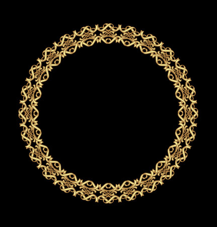 Antique gold frame, circular frame on a black background. Fine brass art deco frame with 3d effect.のイラスト素材