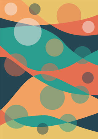 bedsheet design overlapping waves in warm colors red, red, orange, supplemented with green and blue, surreal design using 2d primitivesのイラスト素材