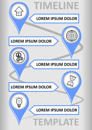Modern infographic timeline template with place markers on the wavy path, text boxes for custom captions. Modern simple design, blue marks on the background with light gray gradient.のイラスト素材