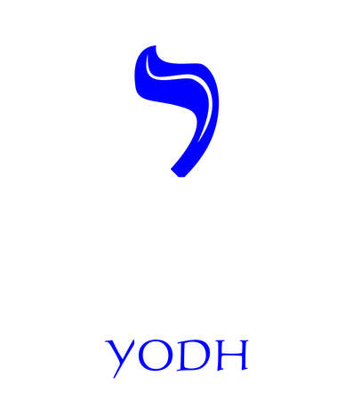 Hebrew alphabet - letter yodh, gematria hand symbol, numeric value 10, blue font decorated with white wavy line, the national colors of Israelのイラスト素材