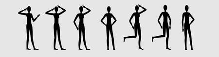 Silhouette of a female figure in different poses, set 2, standing figure , different positions of legs and arms, manequin suitable for clothing designsのイラスト素材