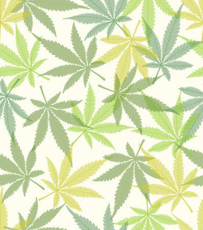 Cannabis leaves in different green shades on white background, fine colored natural inspired design, seamless textile printing, fabric designのイラスト素材