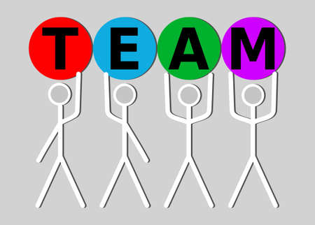 Line art human characters holding letters TEAM. Soft skills presentation intro, team building, team work, team education. Significant pictogram in vivid colors on black background,のイラスト素材