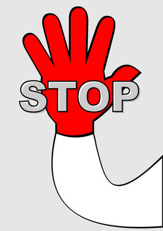 stop pictogram with red palm on light gray background. Hand gesture with lettering. Significant pictogram, internationally understandable symbolのイラスト素材
