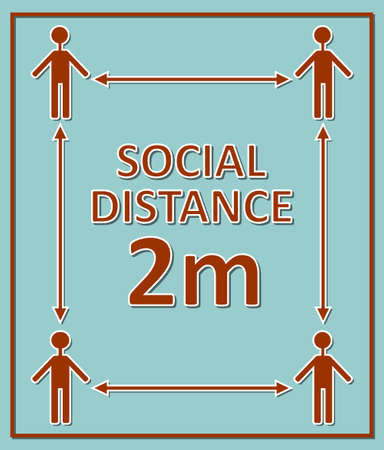 social distance 2m label with figures and arrows, red pictogram on blue background, square compositionのイラスト素材