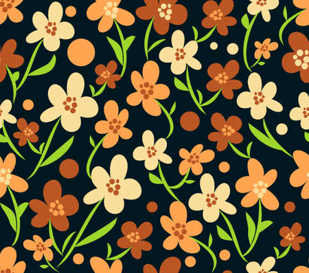 retro flourish seamless patterns in brown, beige and orange design with green stems, black background, 70s and 80s retro, hipster design, nostalgic ornamentのイラスト素材