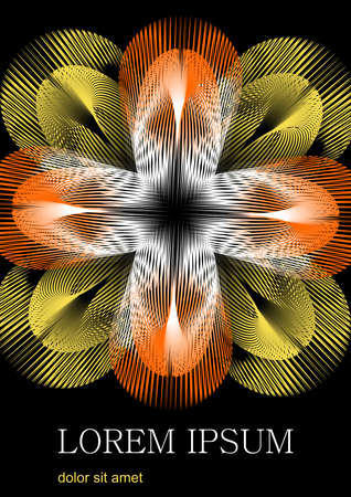 Fantastic flower formed by yellow and orange rays, the flower contrasts on a black background. At the bottom of the area space for custom text, sample text Lorem ipsum.のイラスト素材