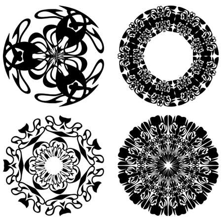 Set of four decorative doodle patterns in monochrome design, round vintage ornament. Textile ornament elements, wrapping paper print, color is easy to change.のイラスト素材