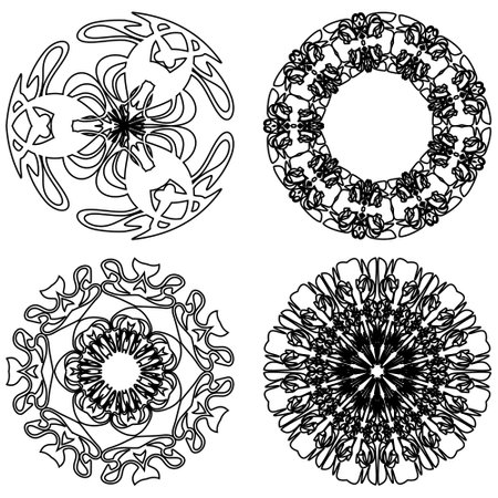 Monochrome lace ornaments, set of four decorative calligraphic patterns in black and white design, round doodle motifs, circle vintage ornament. Textile ornament elements, wrapping paper print.のイラスト素材