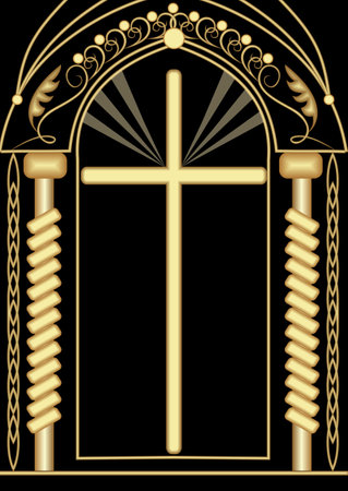 religious theme, background with golden altar, Christian symbol cross, golden drawing on black background, relief effect, funeral decorationのイラスト素材