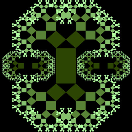 Fractal Pythagoras tree patterns, green ornament composed of small decreasing squares on black background,のイラスト素材