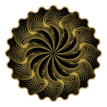 Round black decorative element filled with a wavy gold fringe pattern. Suitable for printing on cups, vases, textile products such as T-shirts. Golden lace patterns on black background.のイラスト素材