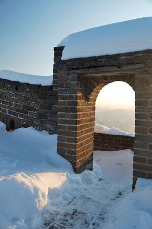 door on Great wall under the snowの写真素材