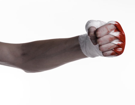 shook his bloody hand in a bandage, bloody bandage, fight club, street fight, violence, bloody...