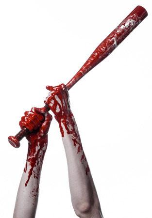 bloody hand holding a baseball bat, a bloody baseball bat, bat, blood sport, killer, zombies, halloween theme, isolated, white background studioの写真素材
