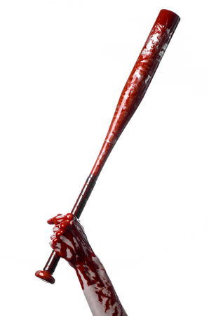 bloody hand holding a baseball bat, a bloody baseball bat, bat, blood sport, killer, zombies,...