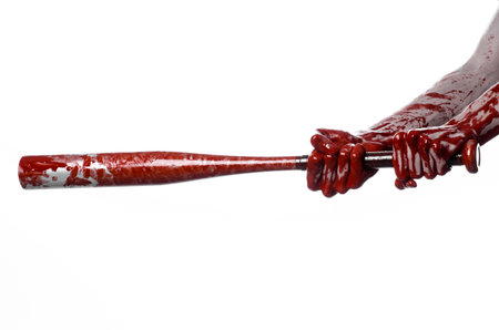 bloody hand holding a baseball bat, a bloody baseball bat, bat, blood sport, killer, zombies,...