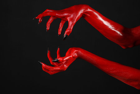 Red Devil's hands, red hands of Satan, Halloween theme, black background, isolated studio