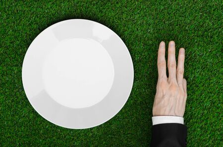 Business lunch and fresh fruit and vegetables on the nature theme: the human hand in black suit shows on the plate on a background of green grass top view studioの写真素材