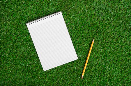 Day of knowledge and business topic: notebook and pencil lie on the green grass top view studioの写真素材