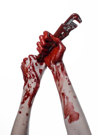 bloody hand holding an adjustable wrench, bloody key, crazy plumber, bloody theme, halloween theme, white background,isolated , bloody hand of an assassin, bloody murderer, psycho, bloody monkey wrenchの写真素材