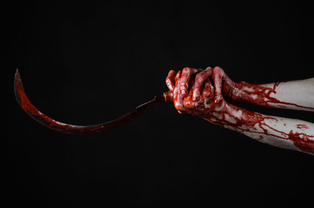 bloody hand holding a sickle, sickle bloody, bloody scythe, bloody theme, halloween theme, black...