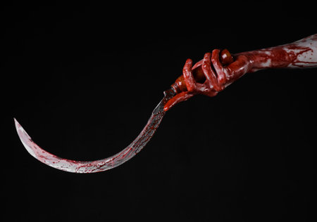 bloody hand holding a sickle, sickle bloody, bloody scythe, bloody theme, halloween theme, black...