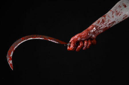 bloody hand holding a sickle, sickle bloody, bloody scythe, bloody theme, halloween theme, black...