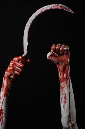 bloody hand holding a sickle, sickle bloody, bloody scythe, bloody theme, halloween theme, black...