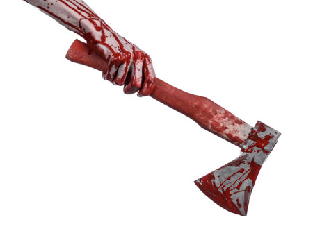 Bloody Halloween theme: bloody hand holding a bloody butcher's ax isolated on white background in studioの写真素材