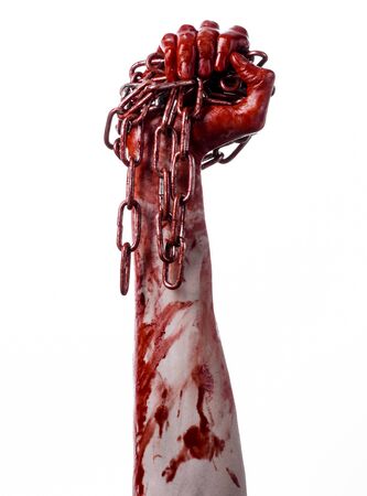 bloody hand holding chain, bloody chain, halloween theme, white background, isolated, killer, fan, crazyの写真素材