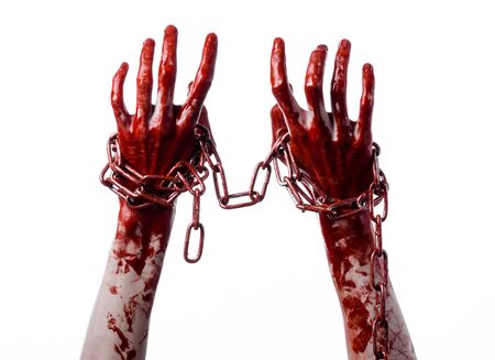 bloody hand holding chain, bloody chain, halloween theme, white background, isolated, killer, fan, crazyの写真素材