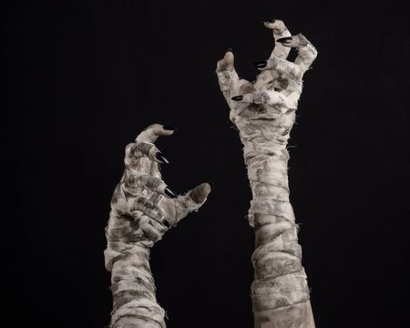 Halloween theme: terrible old mummy hands on a black backgroundの写真素材